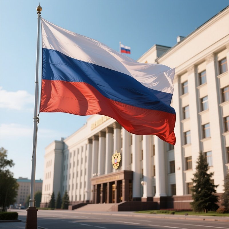 A Photorealistic Russian Flag Moving In Light Wind Beside A Broad Governmental Building.