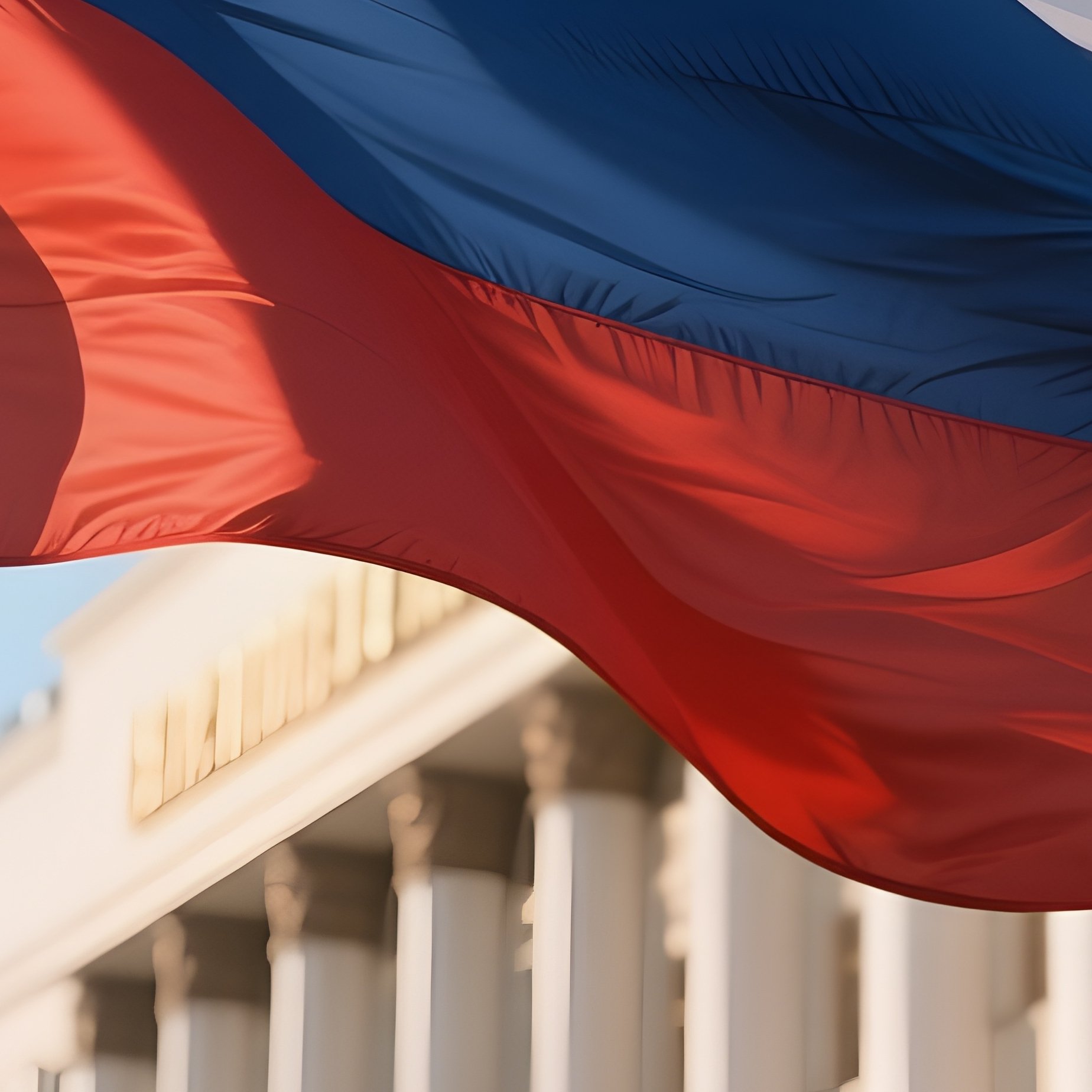 A Photorealistic Russian Flag Moving In Light Wind Beside A Broad Governmental Building. - Full Resolution Quality Preview