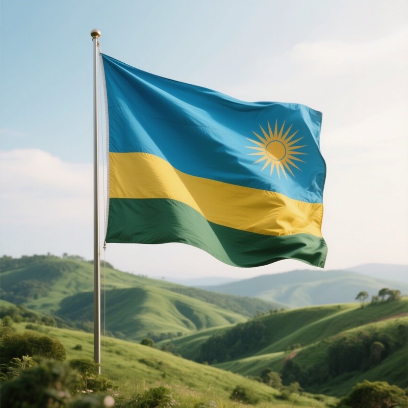 A Photorealistic Rwandan Flag Fluttering Over Gently Rolling Green Hills.