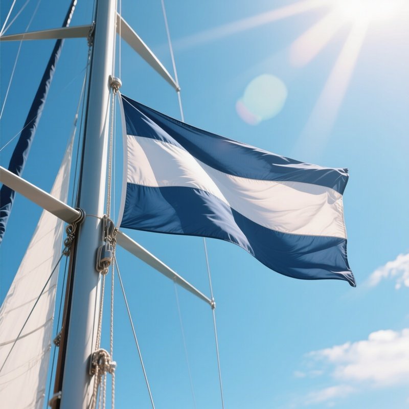 A Photorealistic Sailboat Mast Displaying A Crisp Flag Under Radiant Midday Sunshine.