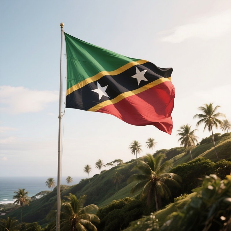 A Photorealistic Saint Kitts And Nevis Flag Waving Above Palm Covered Slopes.