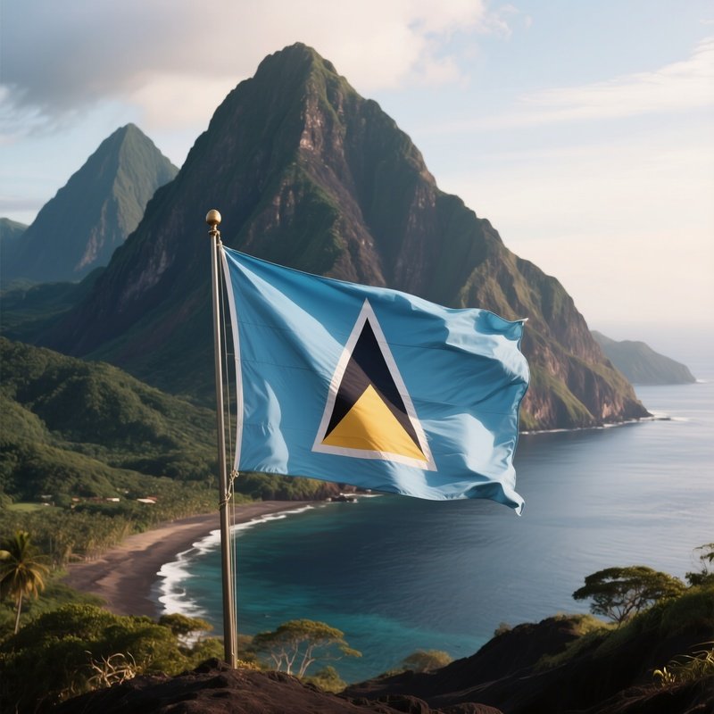 A Photorealistic Saint Lucia Flag Fluttering Near A Volcanic Bay With Steep Peaks.