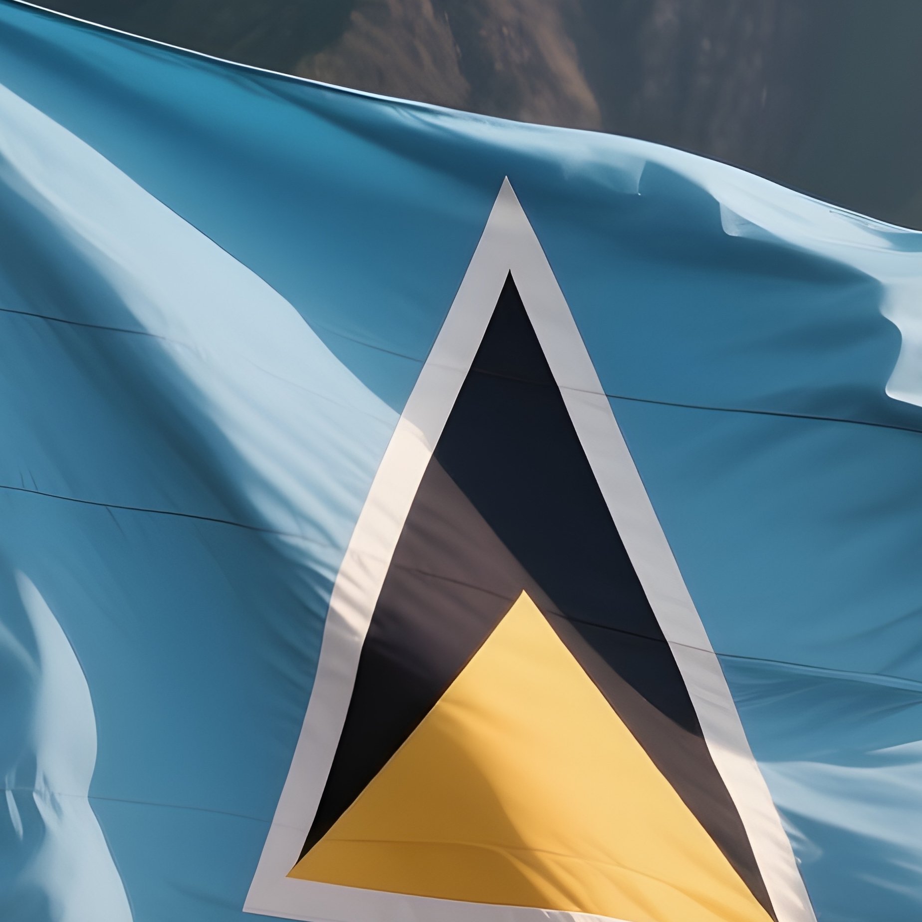 A Photorealistic Saint Lucia Flag Fluttering Near A Volcanic Bay With Steep Peaks. - Full Resolution Quality Preview