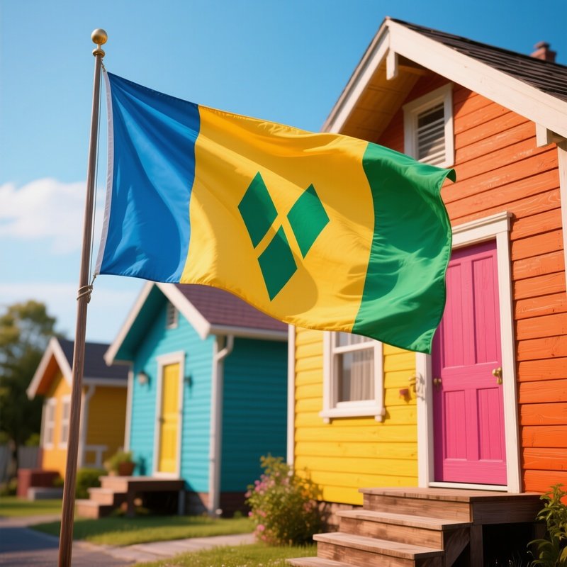 A Photorealistic Saint Vincent Flag Waving Near Brightly Painted Wooden Houses.