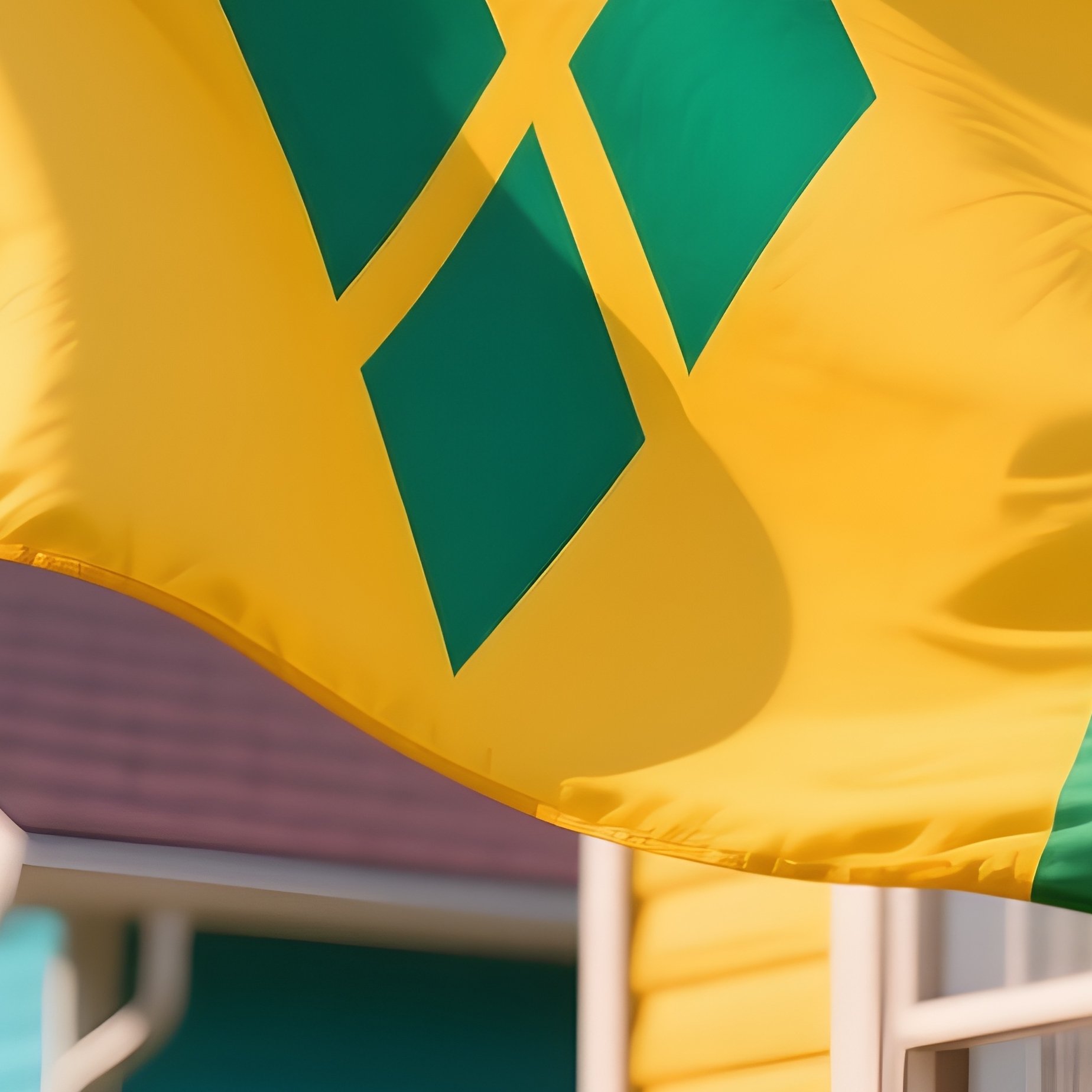 A Photorealistic Saint Vincent Flag Waving Near Brightly Painted Wooden Houses. - Full Resolution Quality Preview
