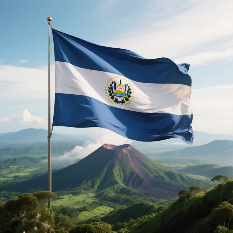 A Photorealistic Salvadoran Flag Waving Over A Green Volcanic Landscape.
