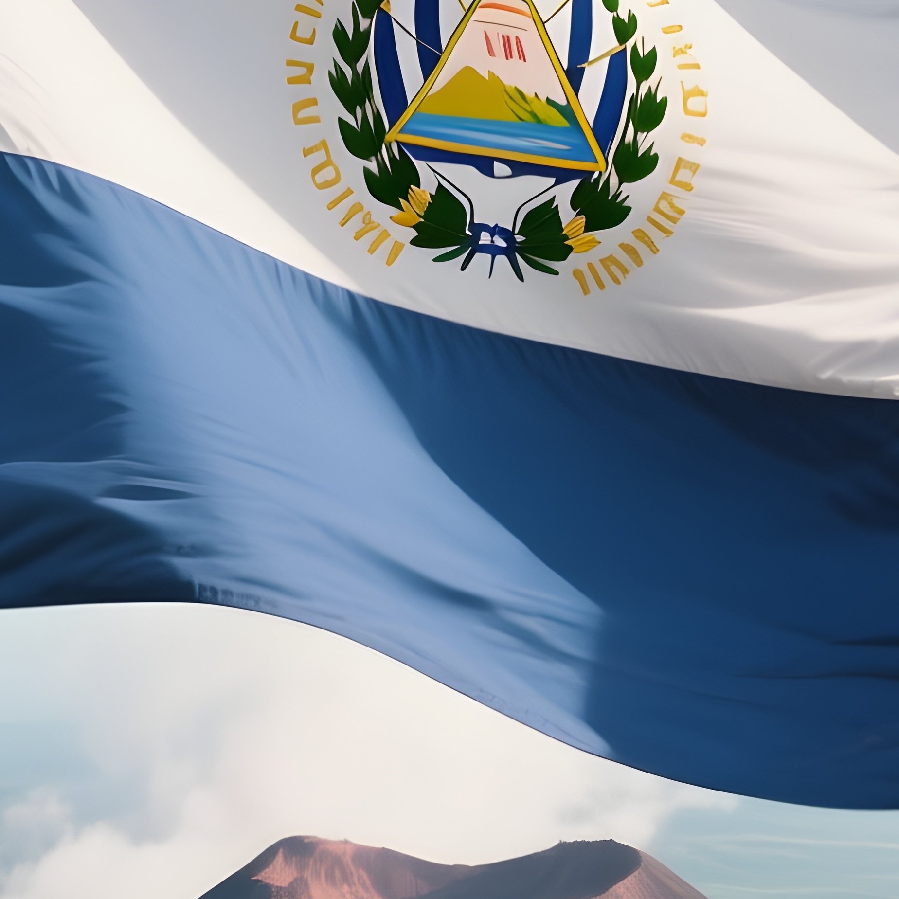 A Photorealistic Salvadoran Flag Waving Over A Green Volcanic Landscape. - Full Resolution Quality Preview
