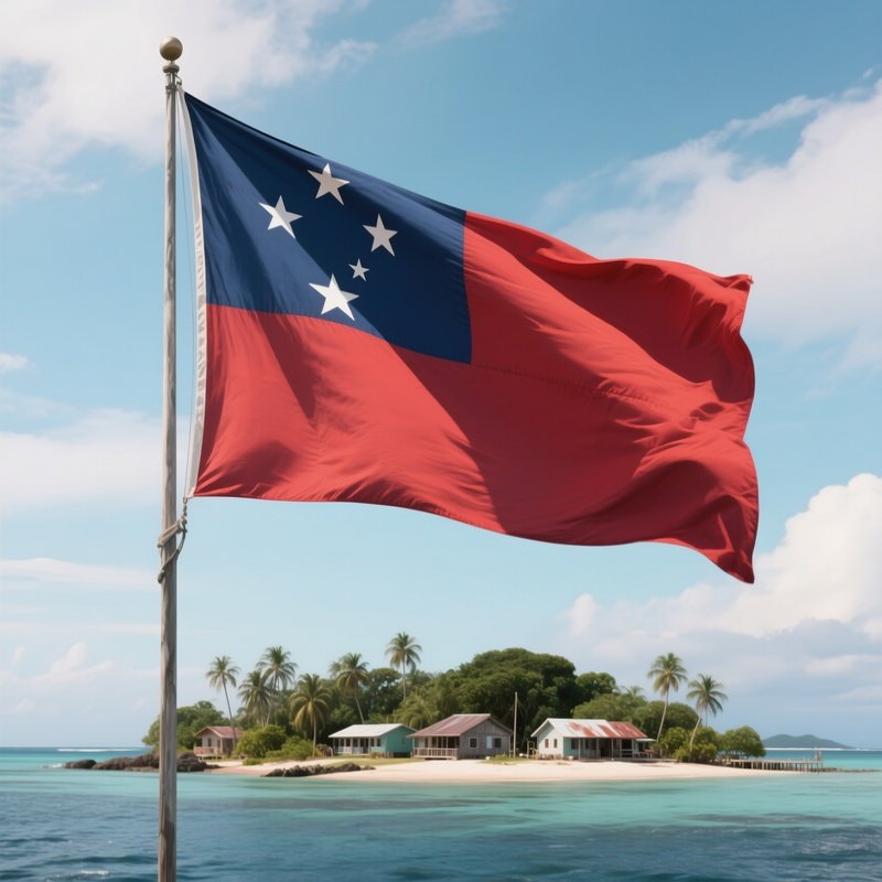 A Photorealistic Samoan Flag Fluttering Above A Quiet Island Village.