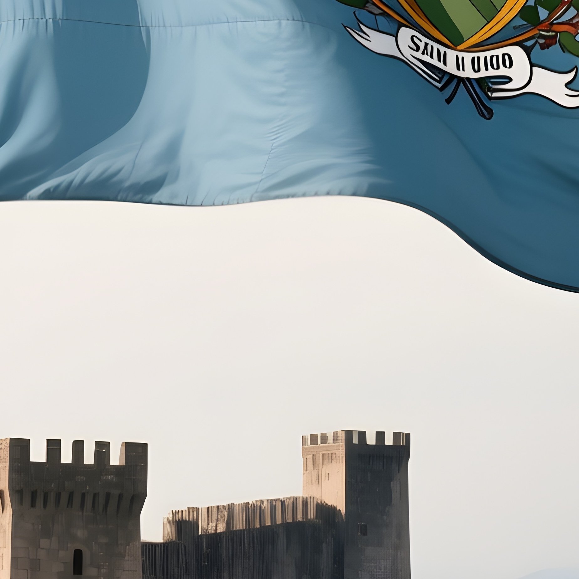 A Photorealistic San Marino Flag Waving On A Mountaintop Fortress. - Full Resolution Quality Preview