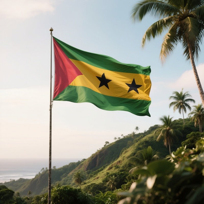 A Photorealistic São Tomé And Príncipe Flag Fluttering Near A Lush Tropical Hill.