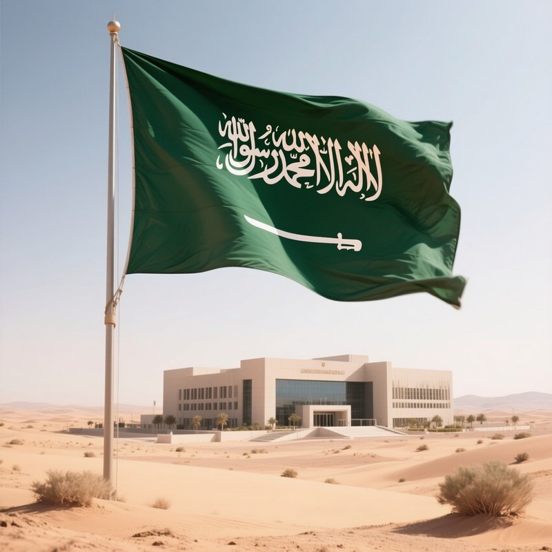 A Photorealistic Saudi Arabian Flag Waving In Dry Desert Wind Near A Modern Administrative Complex.