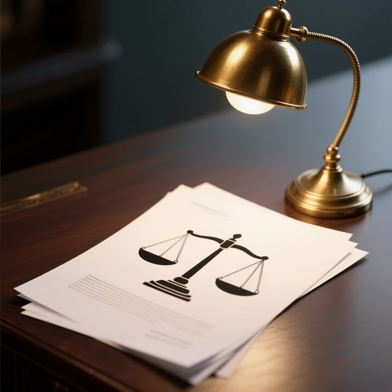 A Photorealistic Scales Of Justice Symbol Printed On A Document Lying Under A Brass Reading Lamp.