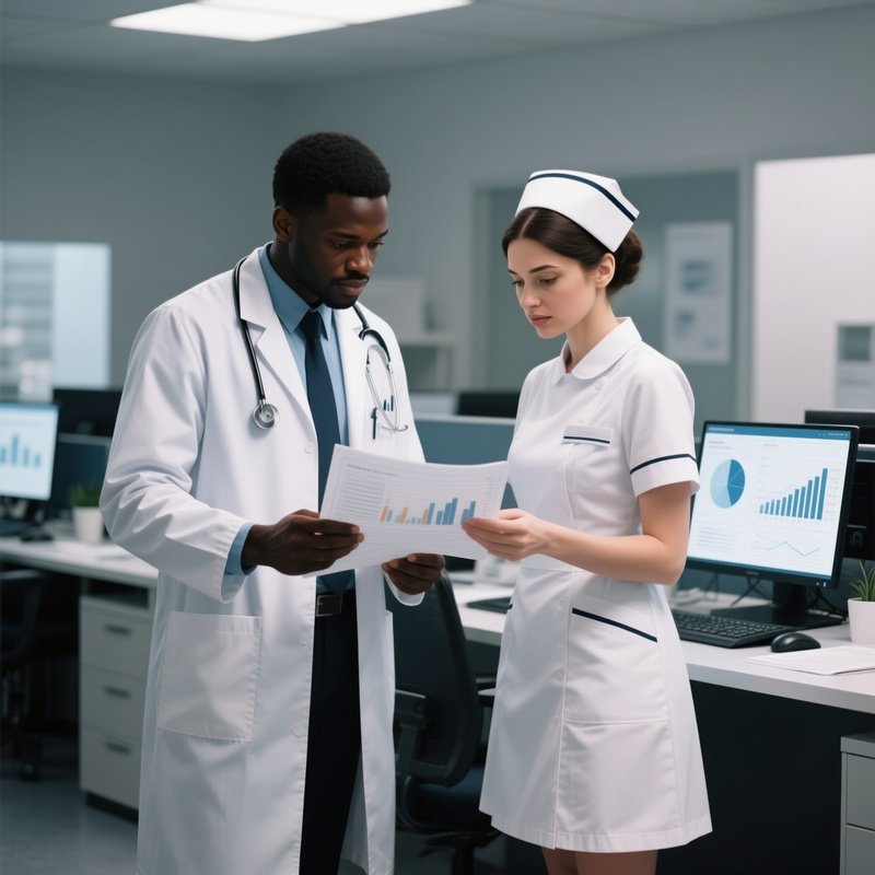 A Photorealistic Scene Of A Black Doctor And A White Nurse Reviewing Digital Charts At A Shared Workstation.