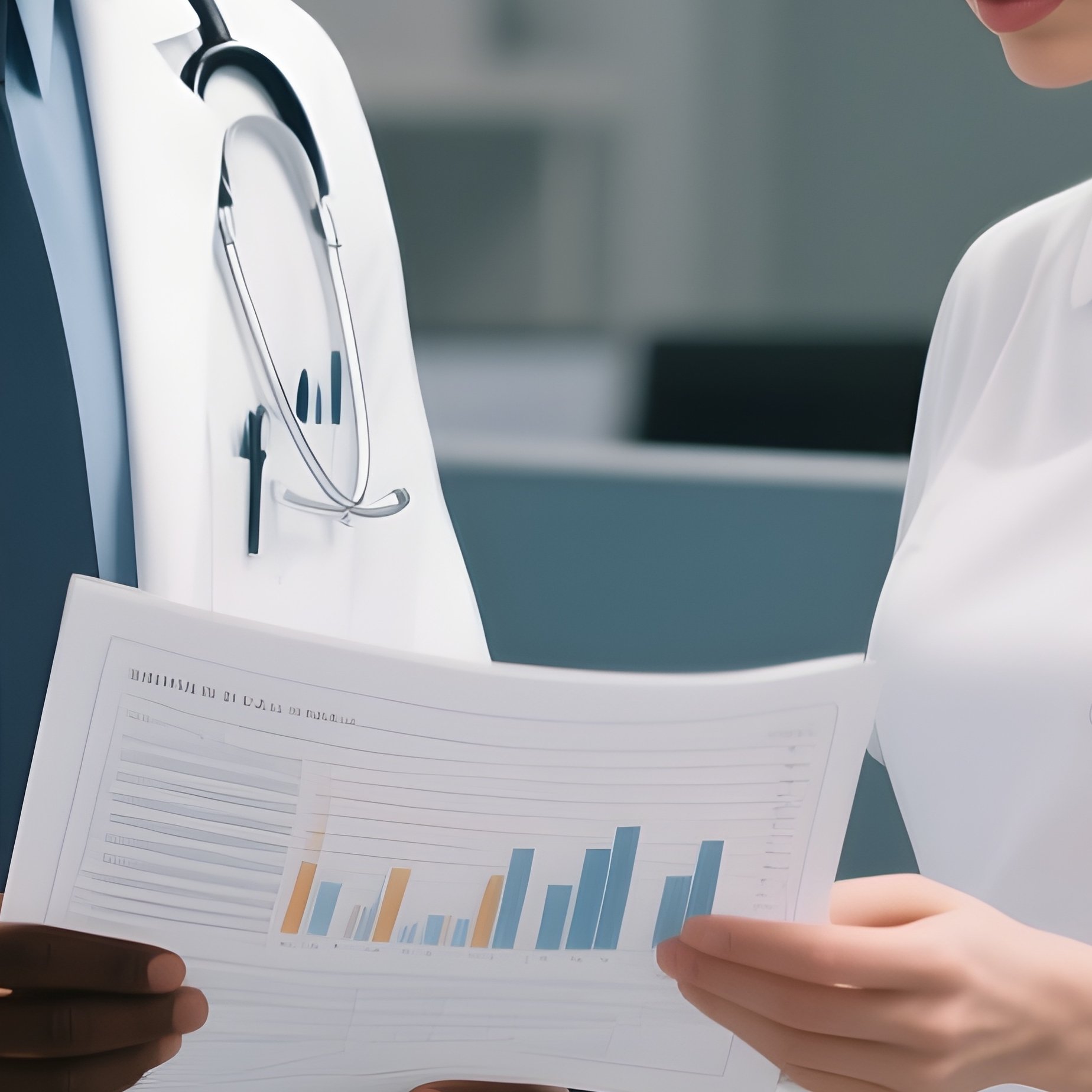 A Photorealistic Scene Of A Black Doctor And A White Nurse Reviewing Digital Charts At A Shared Workstation. - Full Resolution Quality Preview