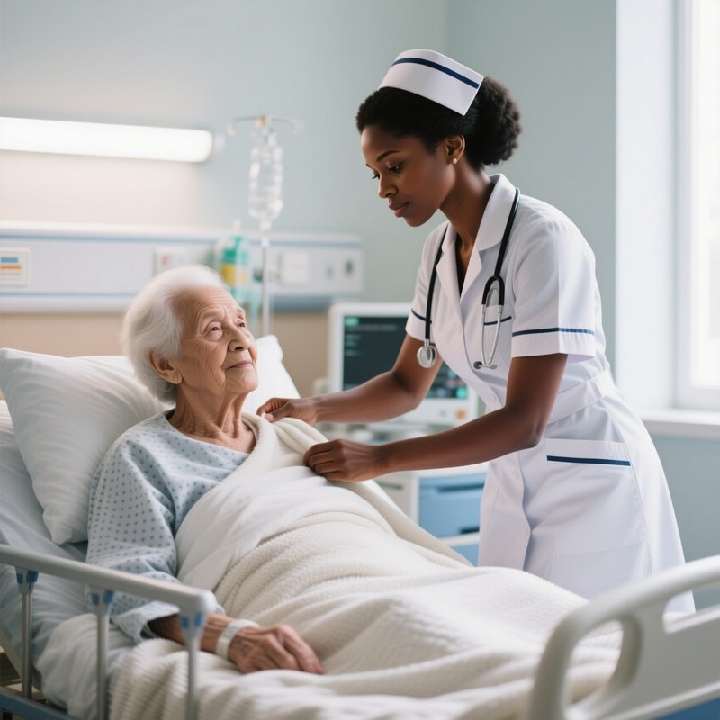 A Photorealistic Scene Of A Black Female Nurse Gently Adjusting An Elderly White Patient’S Blanket In A Bright Hospital Room.