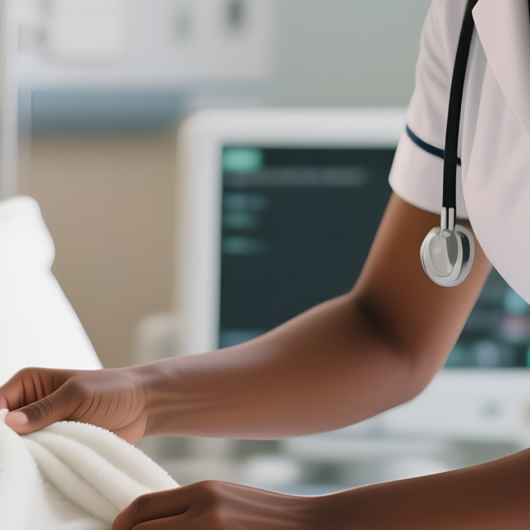 A Photorealistic Scene Of A Black Female Nurse Gently Adjusting An Elderly White Patient’S Blanket In A Bright Hospital Room. - Full Resolution Quality Preview