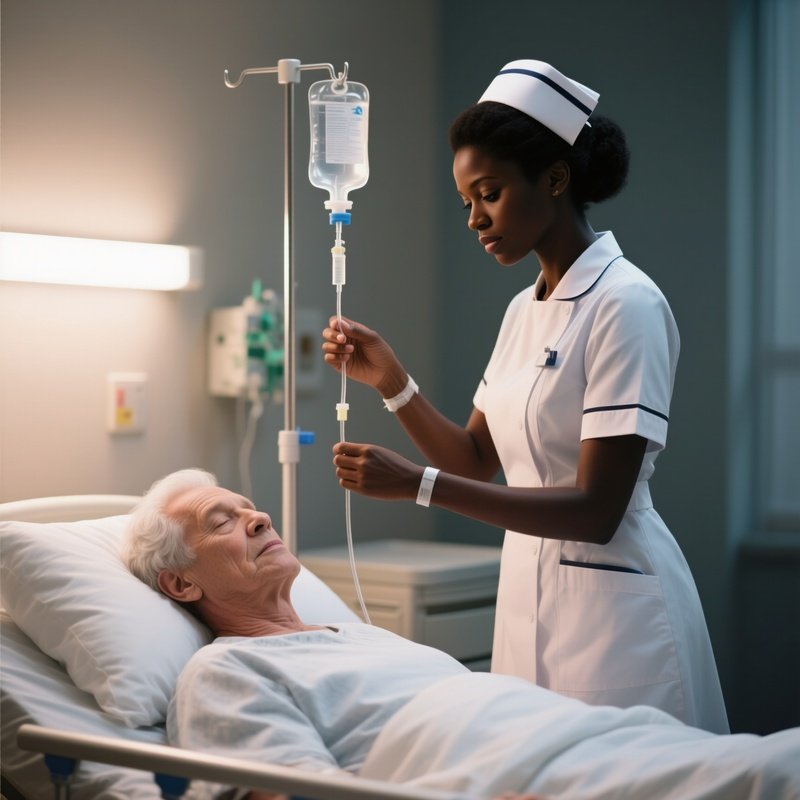 A Photorealistic Scene Of A Black Nurse Checking The Iv Drip Of A White Patient In Soft Ambient Lighting.