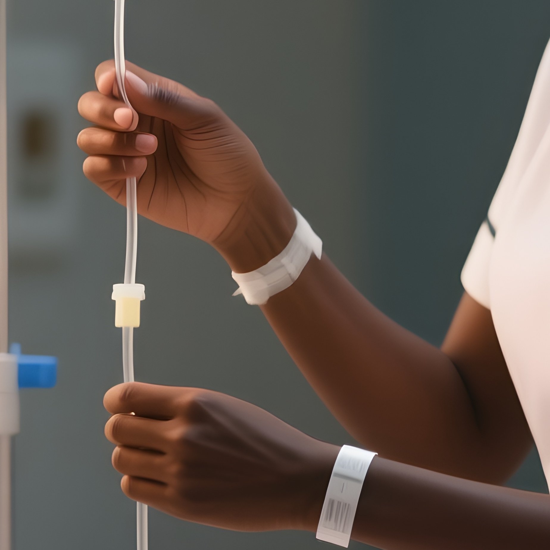 A Photorealistic Scene Of A Black Nurse Checking The Iv Drip Of A White Patient In Soft Ambient Lighting. - Full Resolution Quality Preview