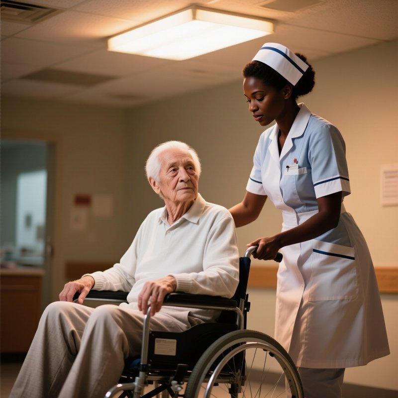 A Photorealistic Scene Of A Black Nurse Helping A White Senior Patient Into A Wheelchair Under Warm Overhead Lights.