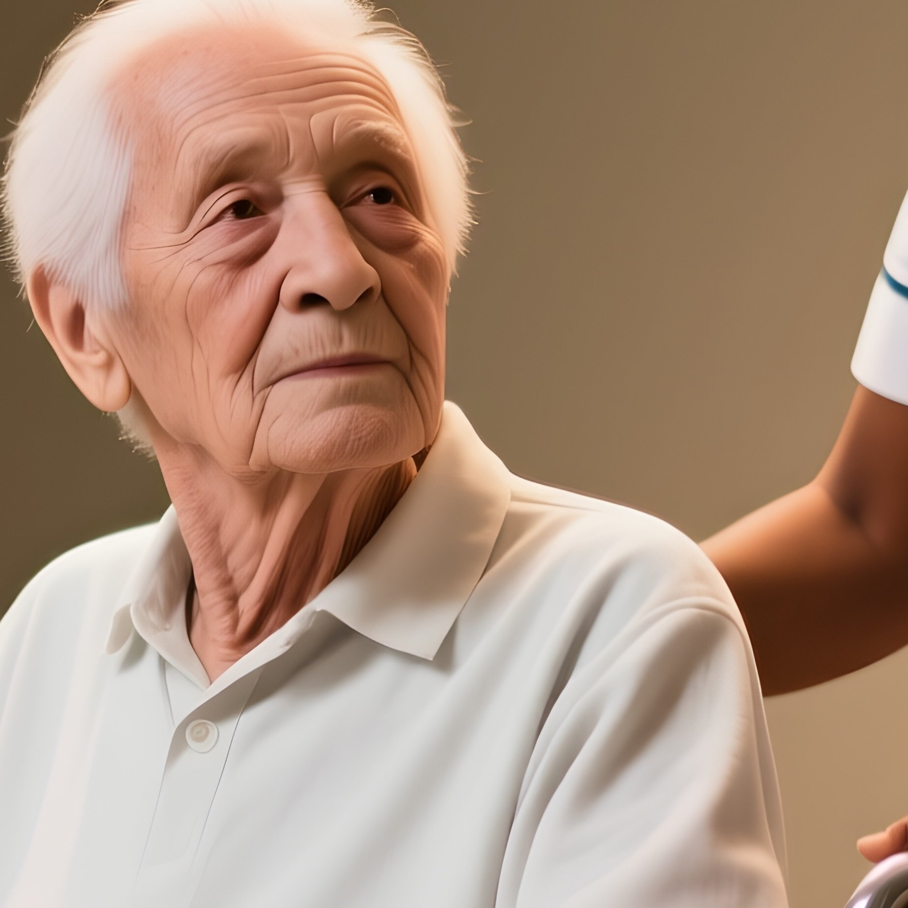 A Photorealistic Scene Of A Black Nurse Helping A White Senior Patient Into A Wheelchair Under Warm Overhead Lights. - Full Resolution Quality Preview