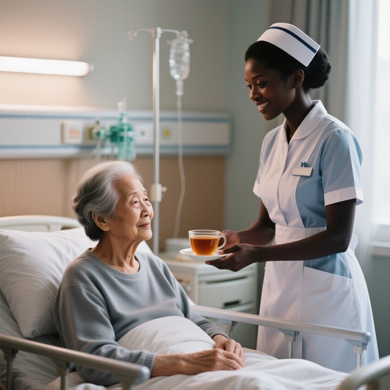 A Photorealistic Scene Of A Black Nurse Offering Warm Tea To An Elderly Asian Patient In A Quiet Recovery Room.