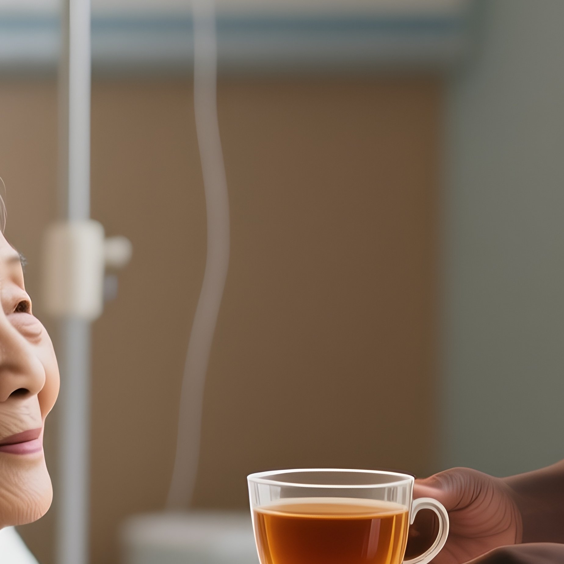 A Photorealistic Scene Of A Black Nurse Offering Warm Tea To An Elderly Asian Patient In A Quiet Recovery Room. - Full Resolution Quality Preview