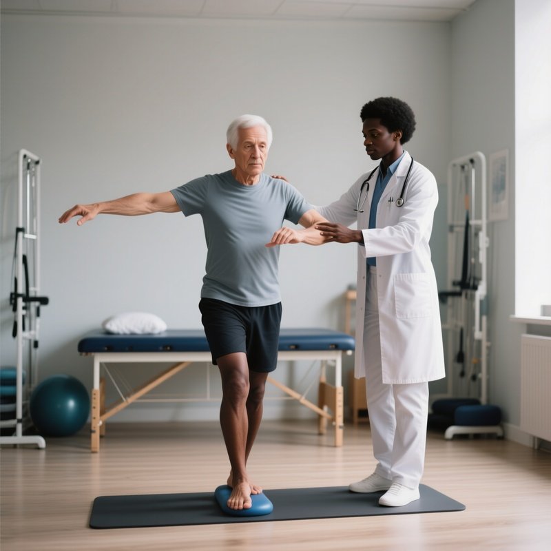 A Photorealistic Scene Of A Black Physiotherapist Helping A White Patient Practice Balance Exercises.