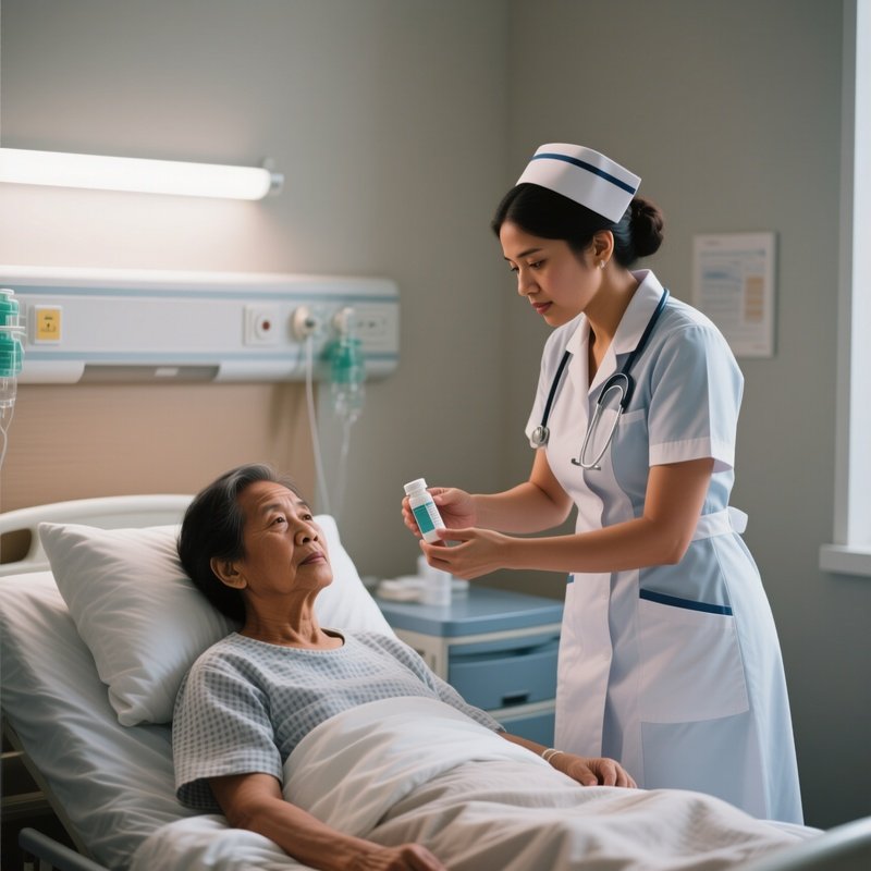 A Photorealistic Scene Of A Hispanic Nurse Giving Medication To An Asian Patient In A Semi Private Room.