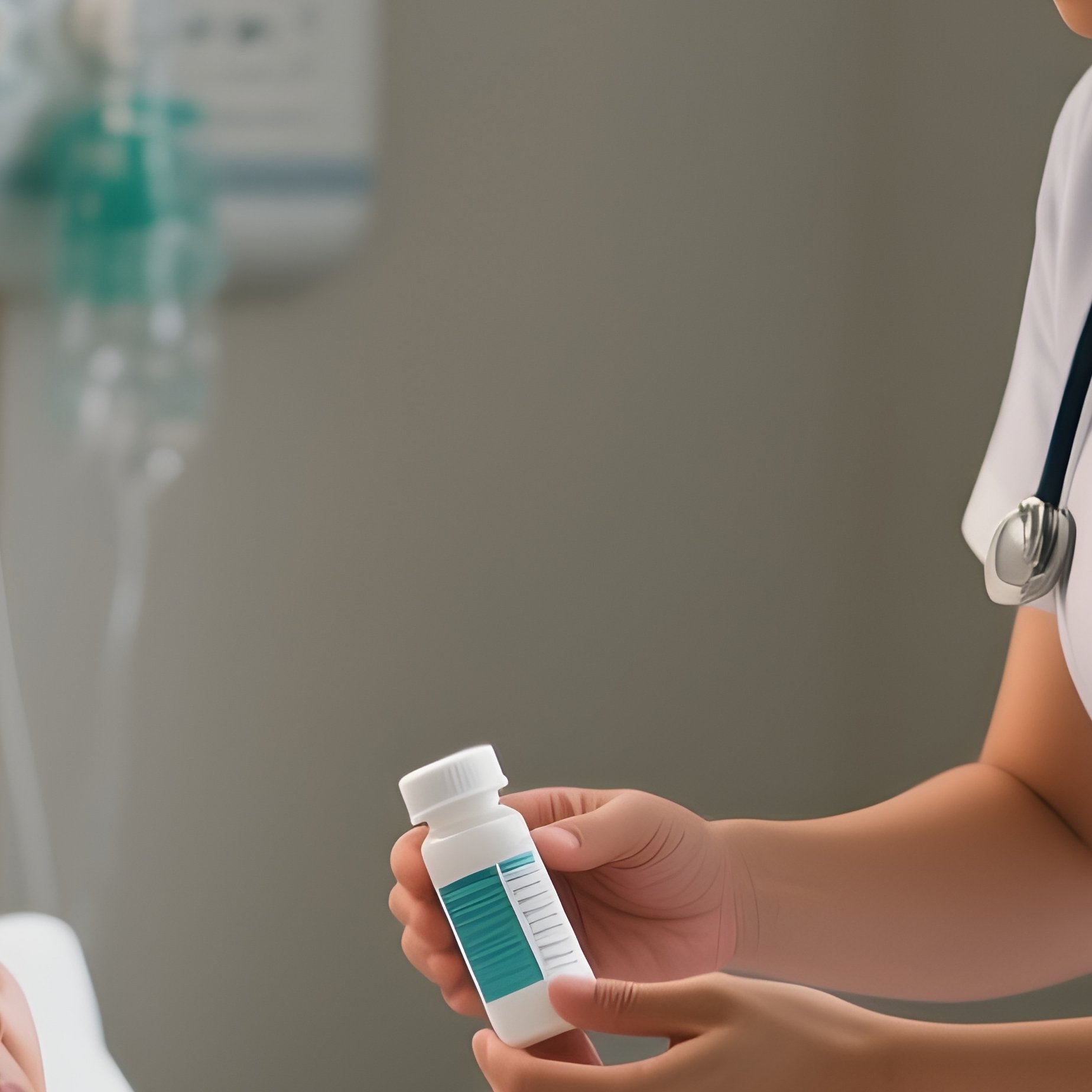A Photorealistic Scene Of A Hispanic Nurse Giving Medication To An Asian Patient In A Semi Private Room. - Full Resolution Quality Preview