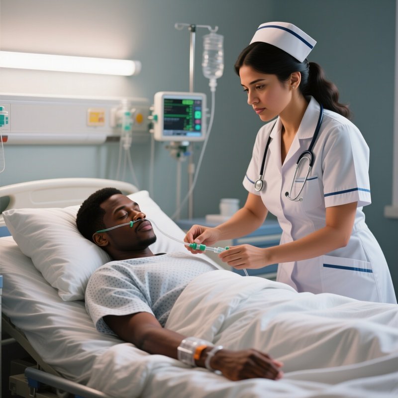 A Photorealistic Scene Of A Hispanic Nurse Checking The Oxygen Saturation Of A Black Patient Resting Calmly In Bed.