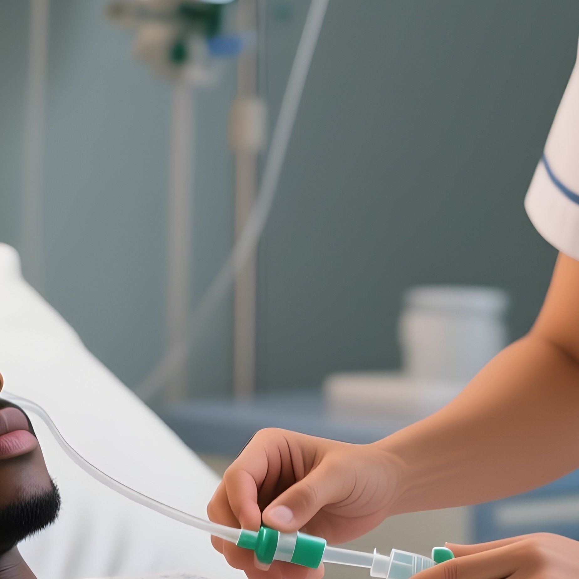 A Photorealistic Scene Of A Hispanic Nurse Checking The Oxygen Saturation Of A Black Patient Resting Calmly In Bed. - Full Resolution Quality Preview