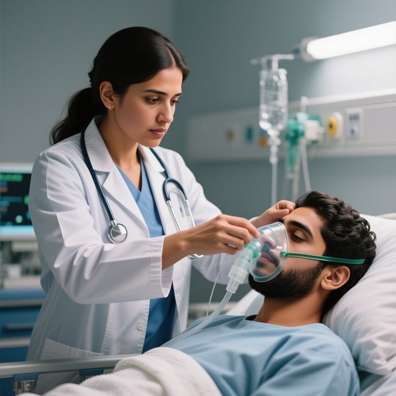 A Photorealistic Scene Of A Hispanic Respiratory Therapist Adjusting An Oxygen Mask For A Middle Eastern Patient.