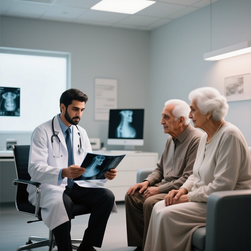A Photorealistic Scene Of A Middle Eastern Doctor Reviewing Scans With A White Elderly Couple In A Modern Consultation Room.