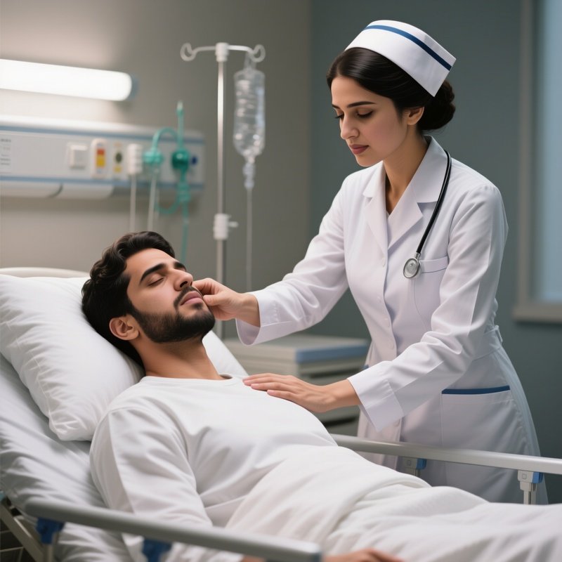 A Photorealistic Scene Of A Middle Eastern Nurse Guiding A White Patient Through Breathing Exercises.