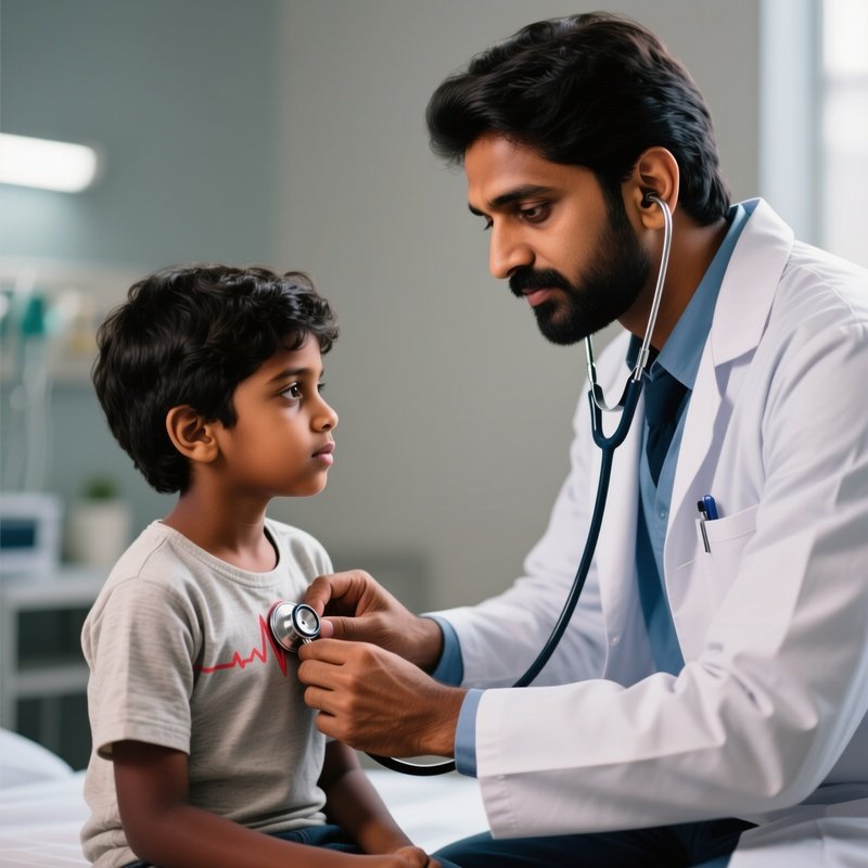 A Photorealistic Scene Of A South Asian Doctor Listening To A Black Child’S Heartbeat With A Stethoscope.