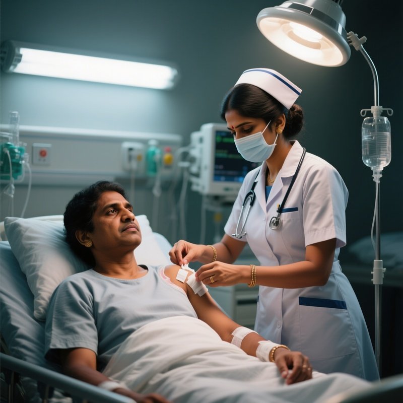 A Photorealistic Scene Of A South Asian Nurse Changing Wound Dressings For A Hispanic Patient Under Sterile Lighting.