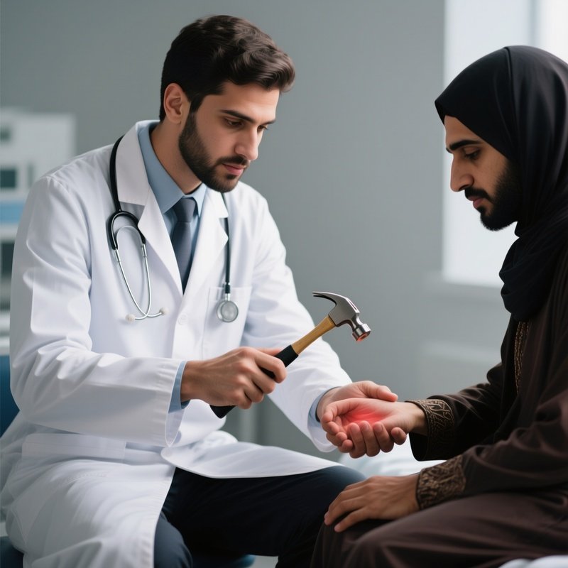 A Photorealistic Scene Of A White Doctor Examining A Middle Eastern Patient’S Reflexes With A Small Hammer.