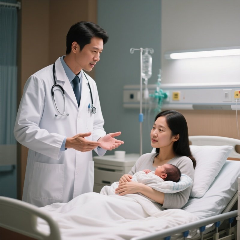 A Photorealistic Scene Of A White Doctor Speaking Gently With An Asian Mother And Her Newborn In A Maternity Suite.