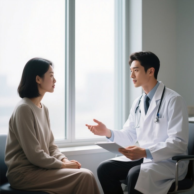 A Photorealistic Scene Of A White Male Doctor Consulting With An Asian Patient Seated Beside A Large Window With Soft Daylight.