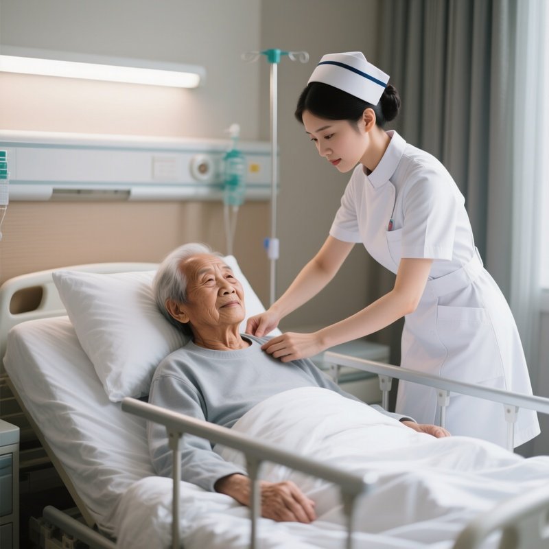 A Photorealistic Scene Of A White Nurse Assisting An Asian Elderly Patient While Adjusting Bed Height.