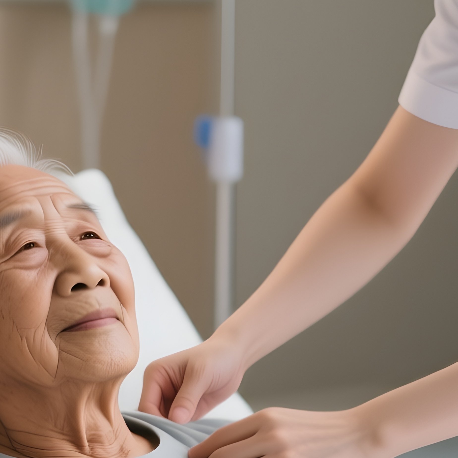 A Photorealistic Scene Of A White Nurse Assisting An Asian Elderly Patient While Adjusting Bed Height. - Full Resolution Quality Preview