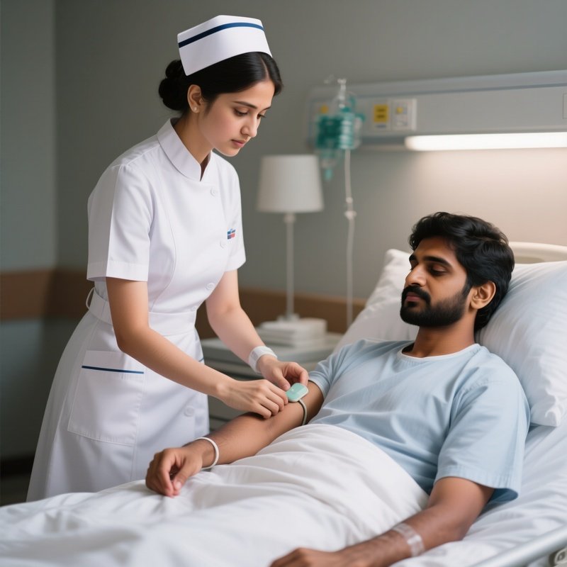A Photorealistic Scene Of A White Nurse Taking The Pulse Of A South Asian Patient Sitting Upright In Bed.