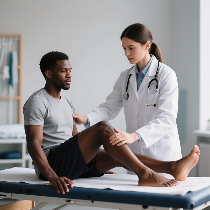A Photorealistic Scene Of A White Physiotherapist Helping A Black Patient With Leg Mobility Practice.
