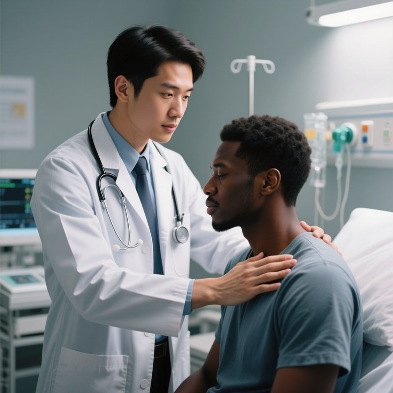 A Photorealistic Scene Of An Asian Doctor Comforting A Black Patient Before A Diagnostic Procedure.