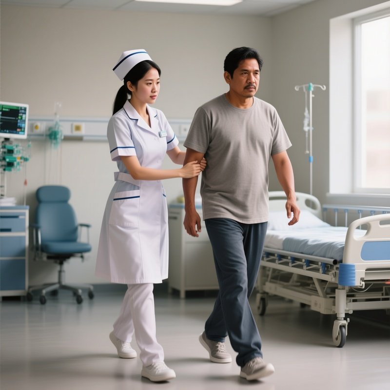 A Photorealistic Scene Of An Asian Nurse Assisting A Hispanic Patient During Physiotherapy Walking Exercises.