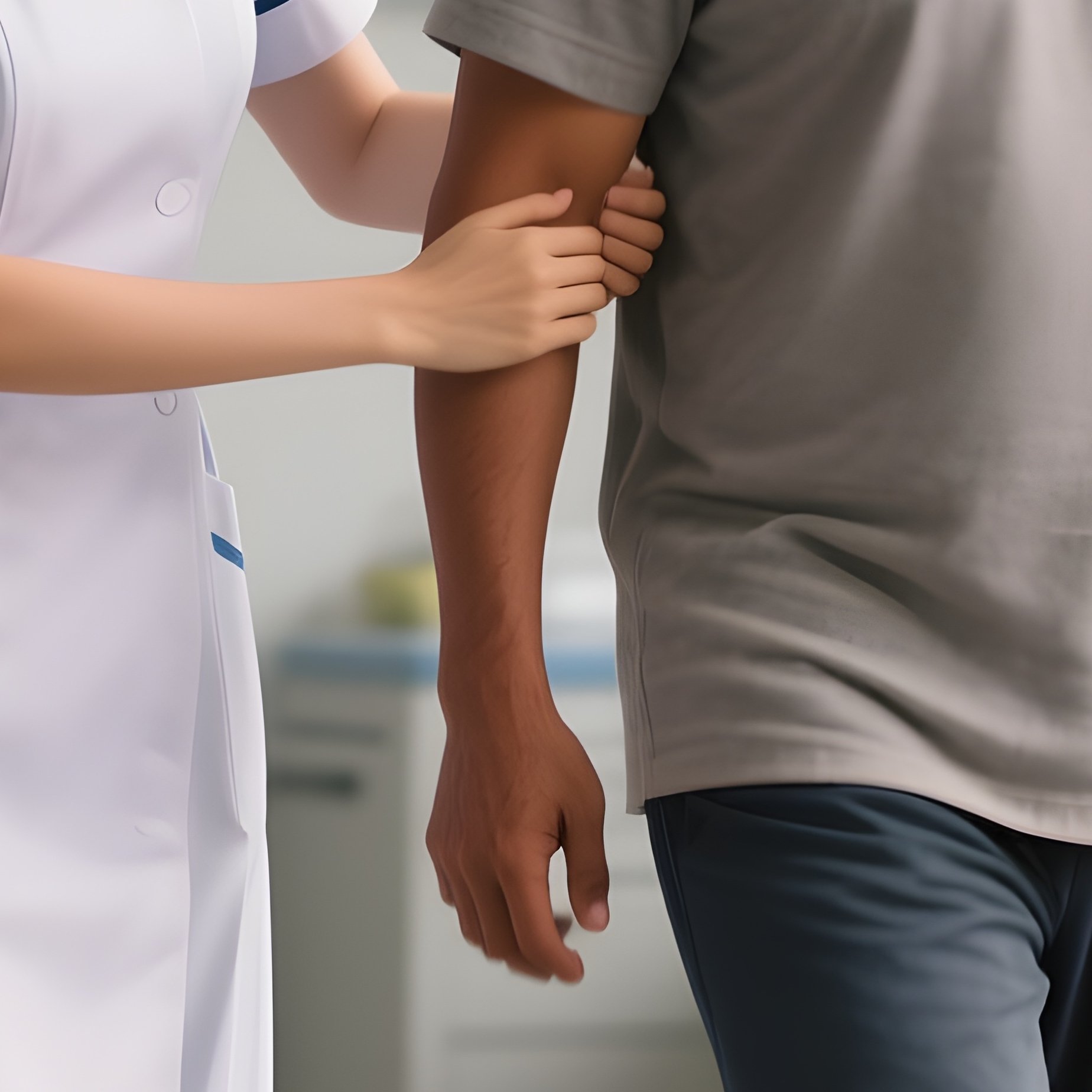 A Photorealistic Scene Of An Asian Nurse Assisting A Hispanic Patient During Physiotherapy Walking Exercises. - Full Resolution Quality Preview