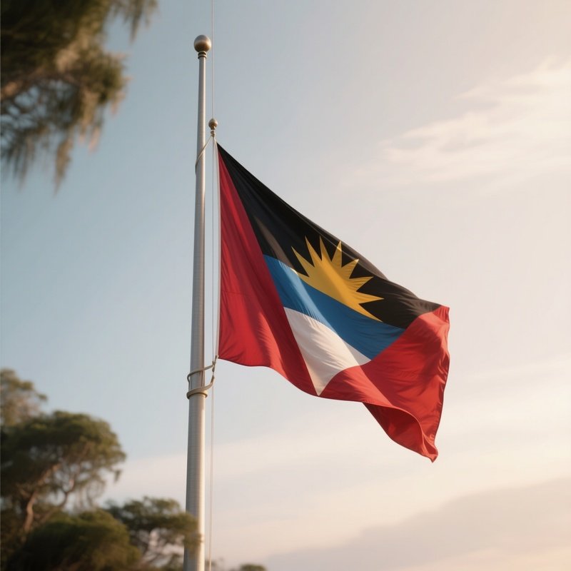 A Photorealistic Scene Of The National Flag Of Antigua And Barbuda Flying At Half Mast On A Tall Flagpole, Gently Lowering In The Wind Against A Respectful, Calm Backdrop With Soft Natural Lighting.