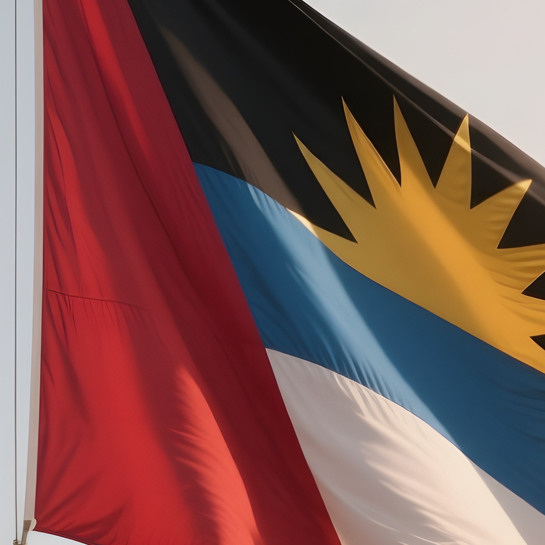 A Photorealistic Scene Of The National Flag Of Antigua And Barbuda Flying At Half Mast On A Tall Flagpole, Gently Lowering In The Wind Against A Respectful, Calm Backdrop With Soft Natural Lighting. - Full Resolution Quality Preview