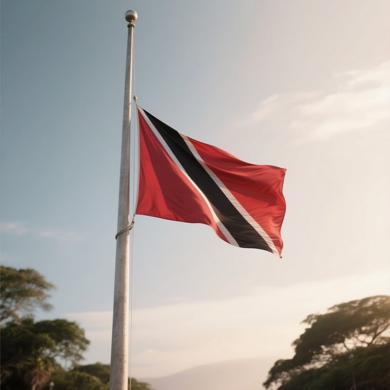 A Photorealistic Scene Of The National Flag Of Trinidad And Tobago Flying At Half Mast On A Tall Flagpole, Gently Lowering In The Wind Against A Respectful, Calm Backdrop With Soft Natural Lighting.