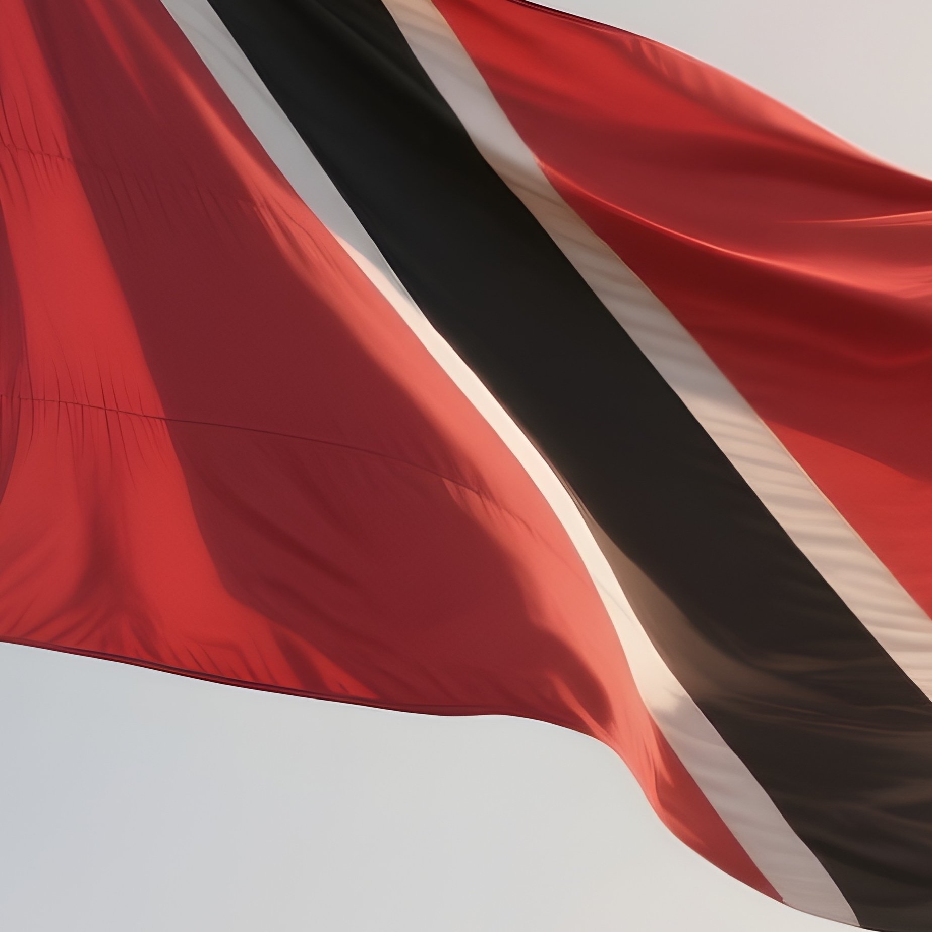 A Photorealistic Scene Of The National Flag Of Trinidad And Tobago Flying At Half Mast On A Tall Flagpole, Gently Lowering In The Wind Against A Respectful, Calm Backdrop With Soft Natural Lighting. - Full Resolution Quality Preview